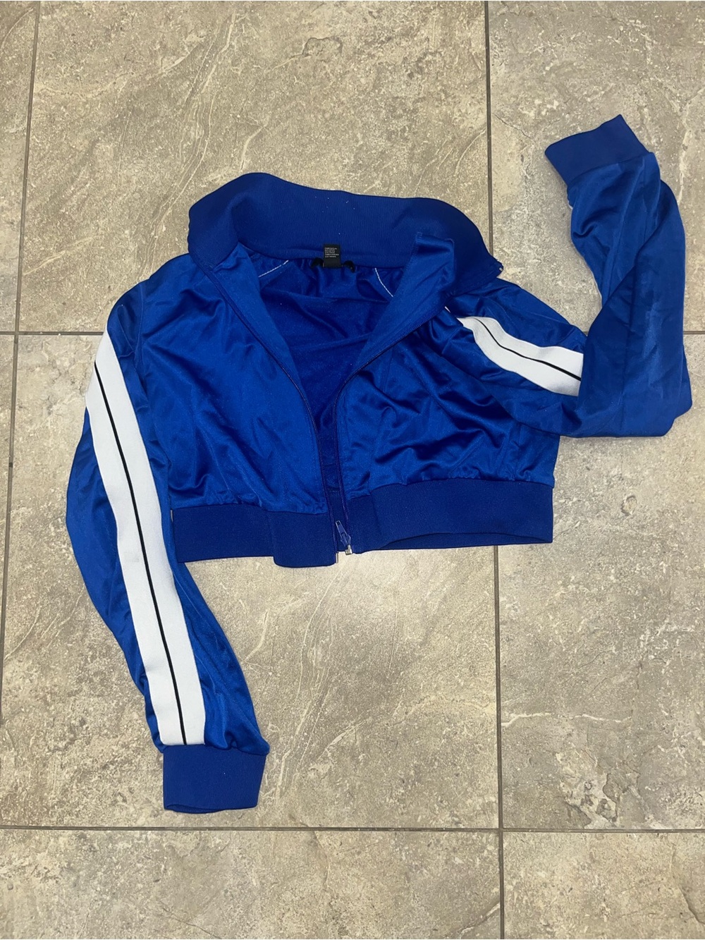 Forever 21 Royal Blue Cropped Varsity Jacket with White Stripes